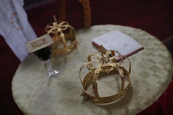 crown, gold, coronation, bible, red wine, shining, luxury, traditional, indoors, decoration