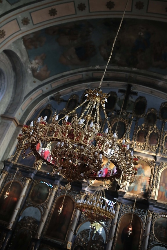 chandelier, hanging, gold, inside, russian, church, orthodox, religion, architecture, cathedral