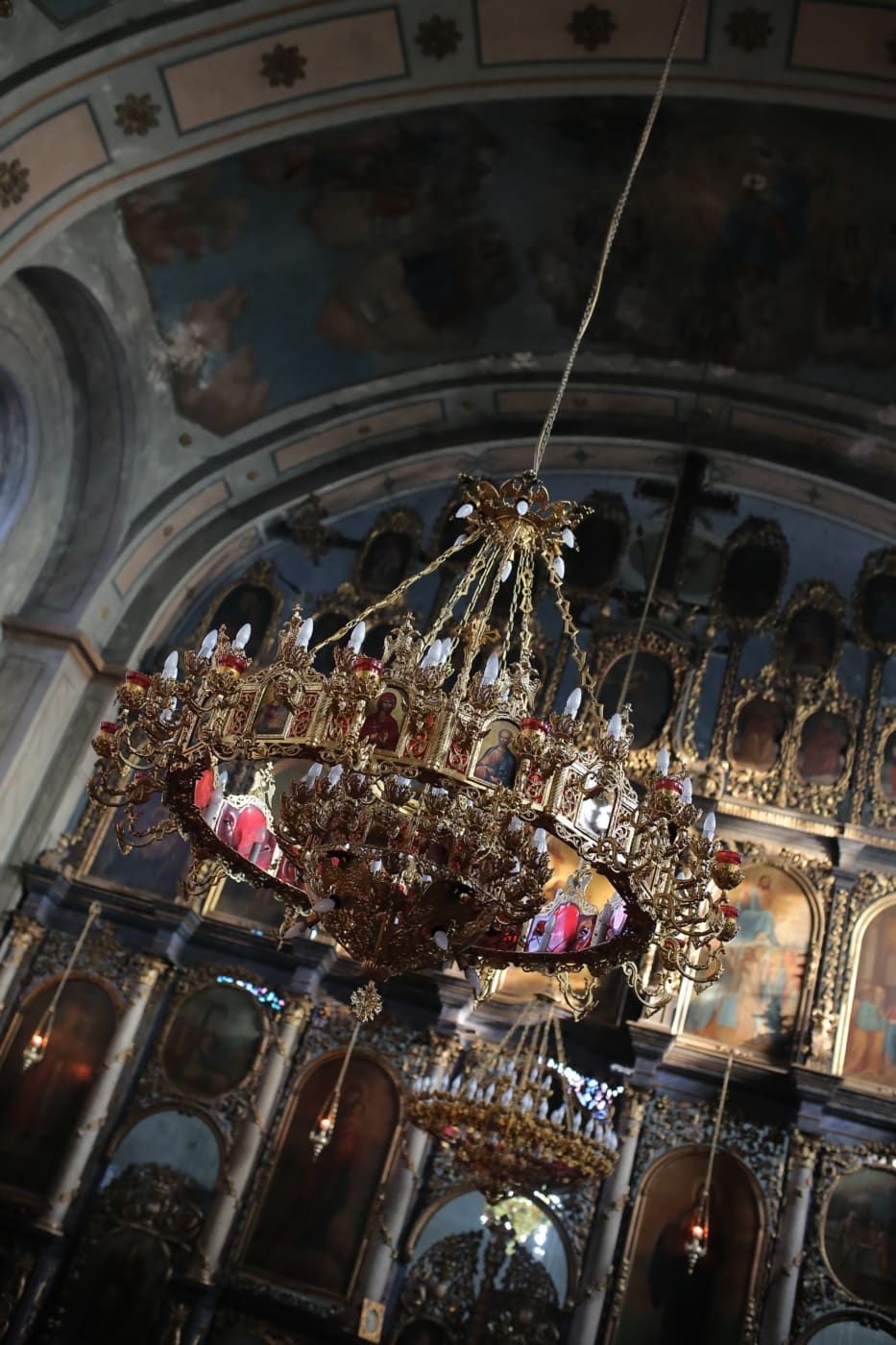 candelabro, de suspensão, ouro, interior, Russo, igreja, Igreja Ortodoxa, religião, arquitetura, catedral