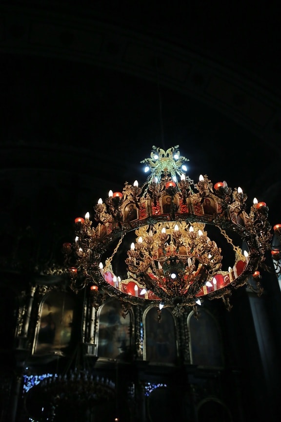 chandelier, church, light, light bulb, ornament, darkness, religion, architecture, art, cathedral