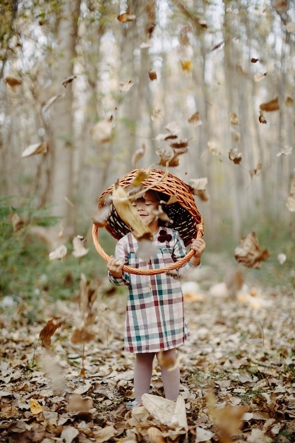 Φθινόπωρο σεζόν, κιτρινωπό καφέ, φύλλα, το παιδί, δάσος, ψάθινο καλάθι, ευτυχία, απόλαυση, διασκέδαση, φύση
