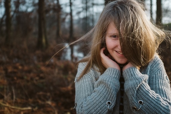 emotion, happiness, teenager, girl, portrait, hair, cardigan, nature, sweater, outdoors