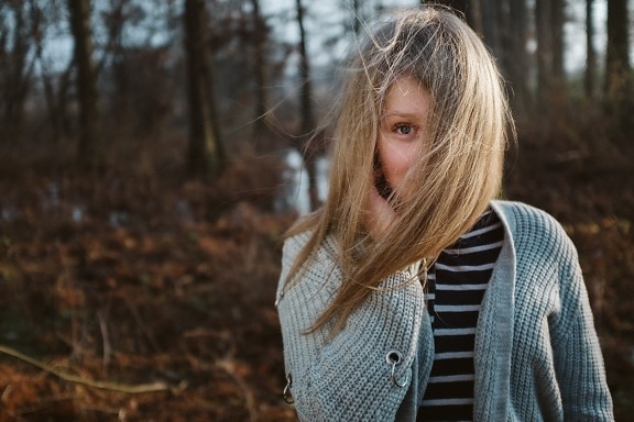 blonde hair, blonde, sunshine, teenager, girl, eye, face, outdoor, nature, wood