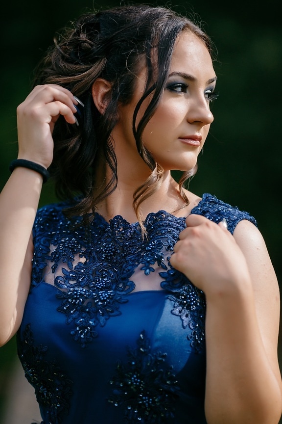 side view, portrait, close-up, pretty girl, hairstyle, blue, dress, glamour, fashion, woman