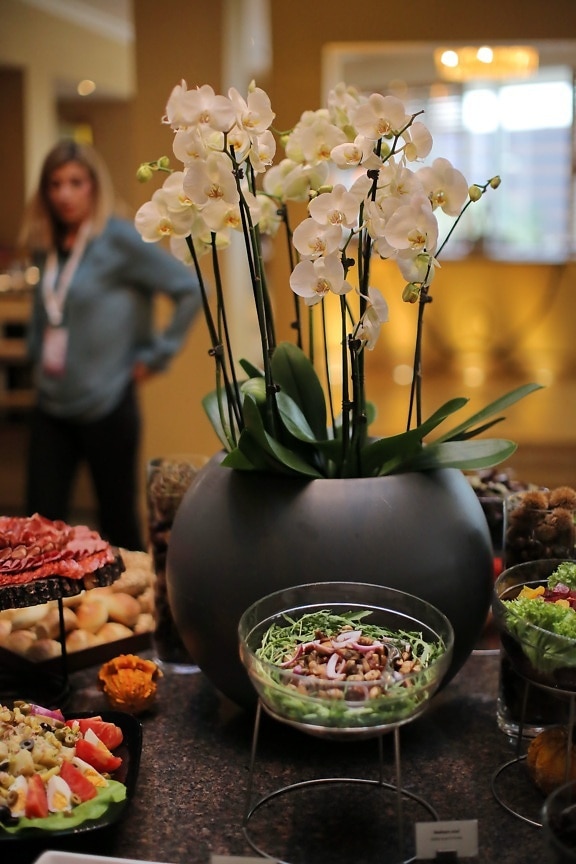 vase, food, orchid, banquet, bouquet, flower, jar, container, indoors, interior design