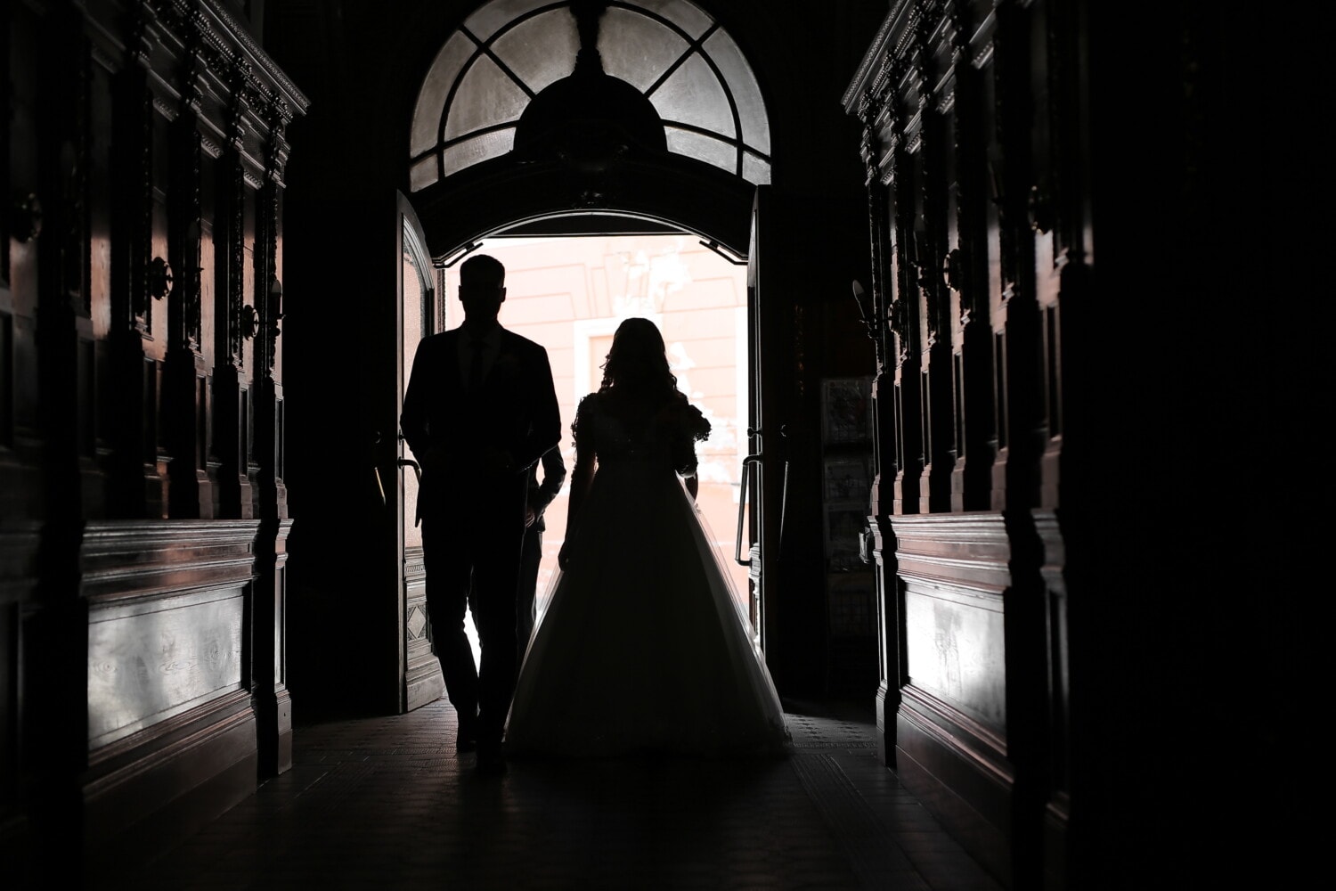 shadow, husband, hallway, darkness, backlight, wife, people, wedding, indoors, architecture