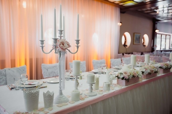 svatební místo, prázdná, svíčky, svícen, elegantní, ozdobný, Recepce, pokoj, stůl, nábytek