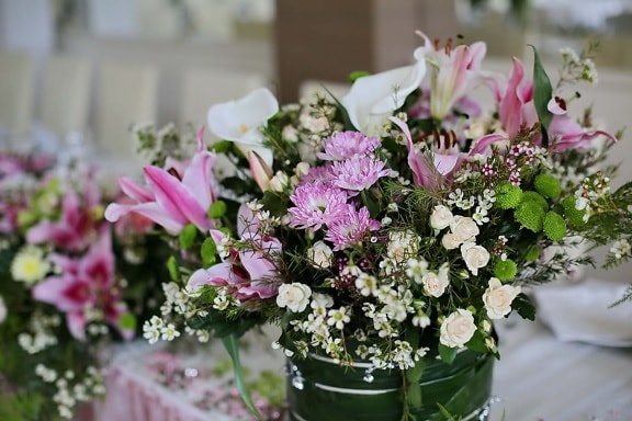 fancy, elegant, lily, lunchroom, vase, dining area, bouquet, colorful, flowers, arrangement