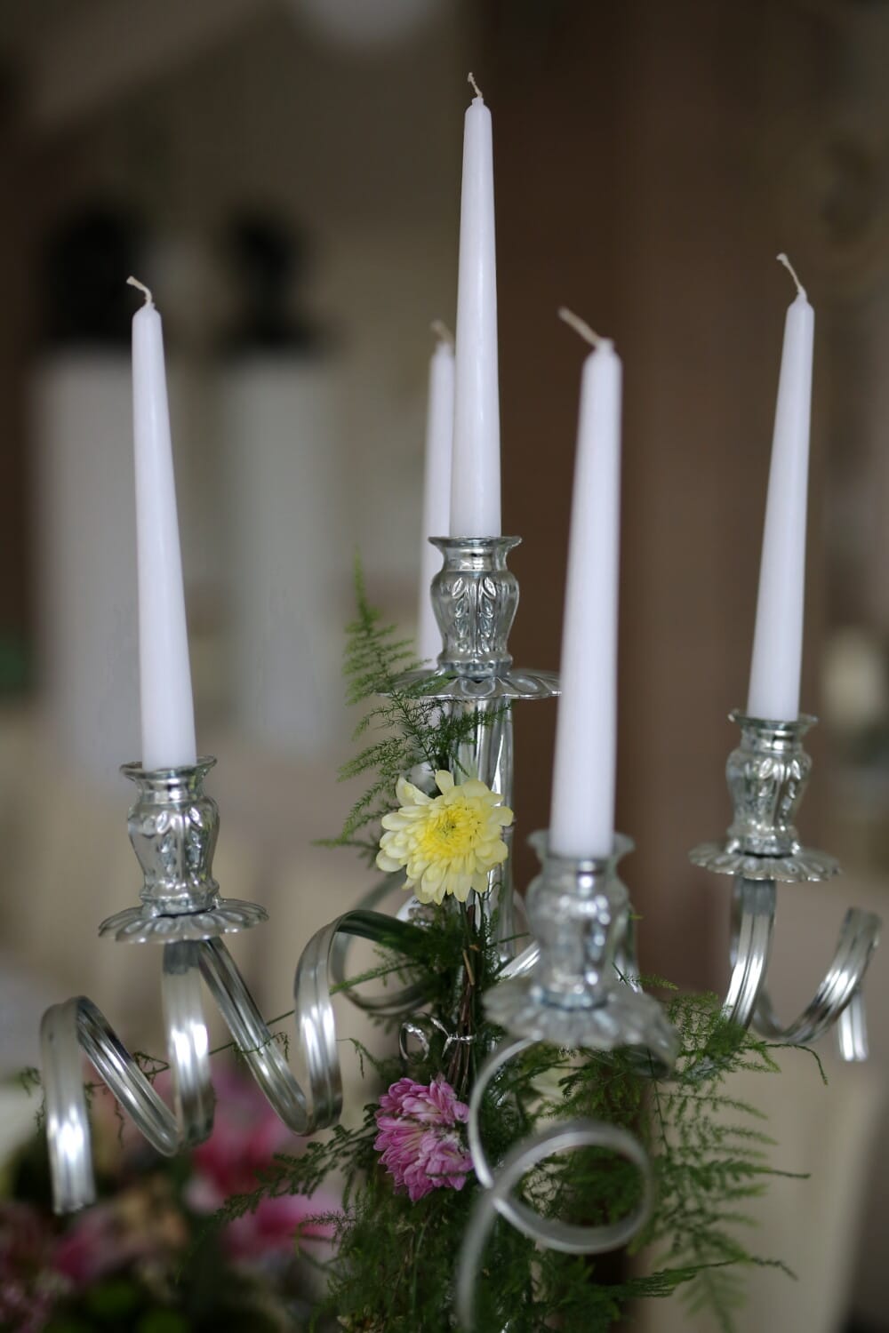 bianco, candele, argento, candeliere, candela, natura morta, design d'interni, celebrazione, retrò, in casa