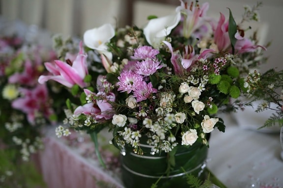 dekorasi, meja, karangan bunga, vas, bunga, naik, merah muda, bunga, tanaman, pengaturan