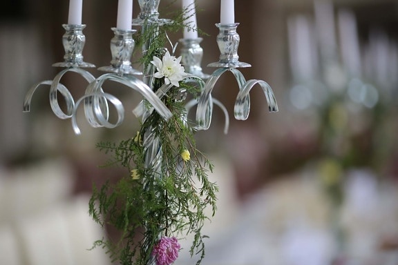 bianco, candele, argento, candeliere, fiori, fantasia, elegante, pianta, fiore, decorazione