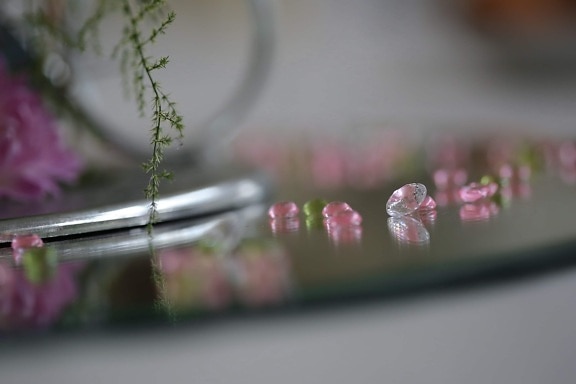 reflexe, krystal, zrcadlo, sklo, růžovo, zblízka, zátiší, květ, rozostření, uvnitř