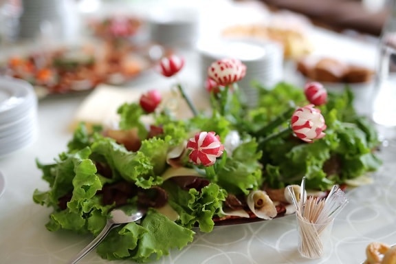 salad, radish, salami, breakfast, salad bar, fast food, garnish, meal, lettuce, plate