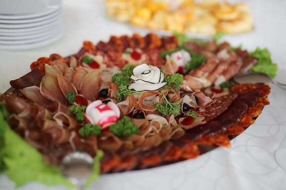 salami, appetite, appetizer, buffet, radish, sausage, breakfast, bacon, ham, dish