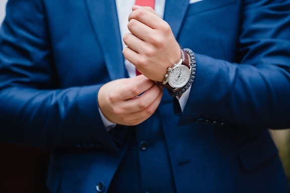 wristwatch, hands, businessman, handsome, blue, suit, manager, tie, hand, time
