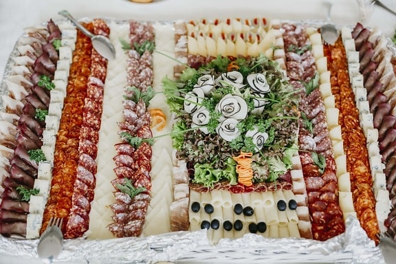 cheese, salami, appetizer, buffet, sausage, banquet, fancy, delicious, food, meal