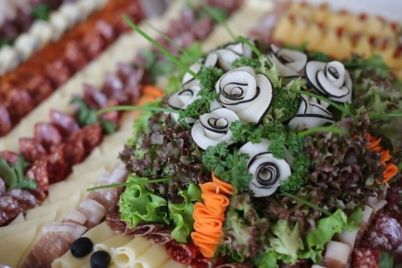 appetizer, buffet, appetite, salad, meat, decoration, salami, radish, lettuce, cheese