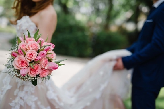bride, wedding bouquet, wedding dress, groom, side view, flower, love, flowers, bouquet, marriage