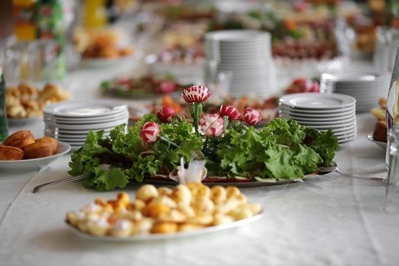 salad, breakfast, lunch, table, baked goods, lettuce, tomato, appetizer, vegetable, food