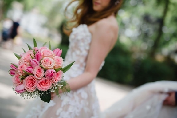 pengantin, buket pernikahan, gaun pengantin, mawar, kemerah-merahan, wanita, Cinta, karangan bunga, pernikahan, bunga