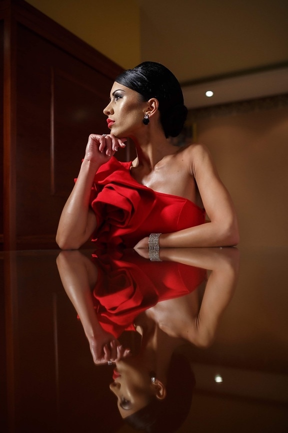 red, dress, young woman, sitting, table, reflection, woman, glamour, pretty, hair