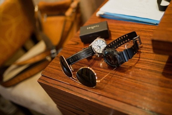 fashion, analog clock, luxury, sunglasses, office, desk, wood, device, antique, retro