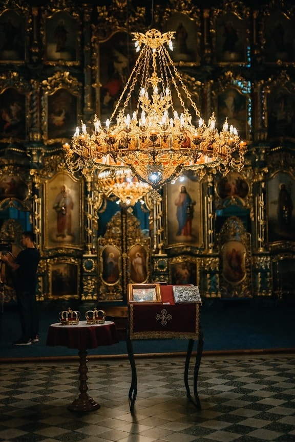 ortodoxa, Ucrania, iglesia, diseño de interiores, altar, San, icono, religión, estructura, araña de luces