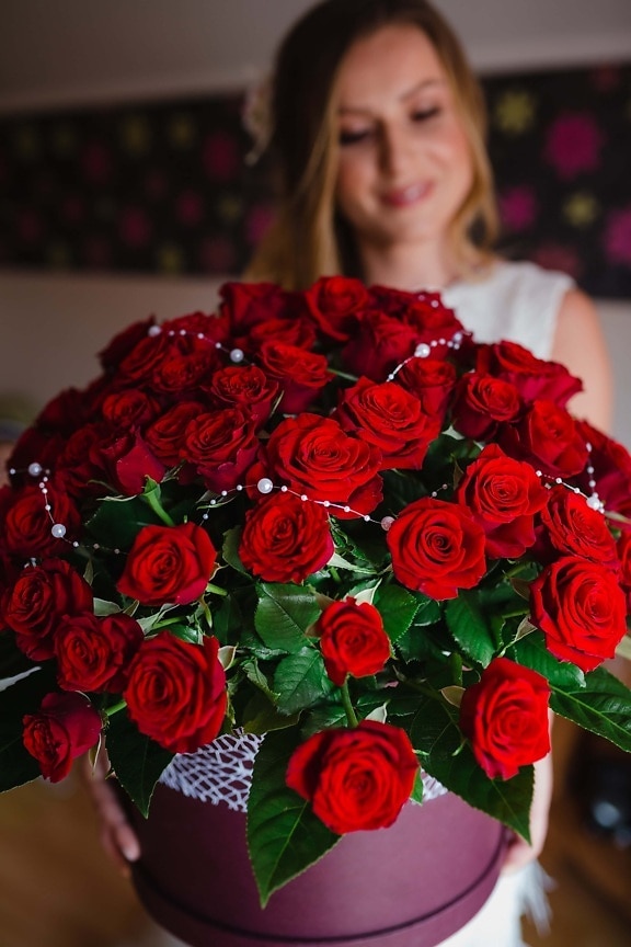 buket, pokloni, ruža, crveno, djevojka, sreća, ruža, ljubav, aranžman, dekoracija