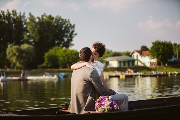 romantic, love date, kiss, lakeside, boat, embrace, affection, hugging, love, emotion