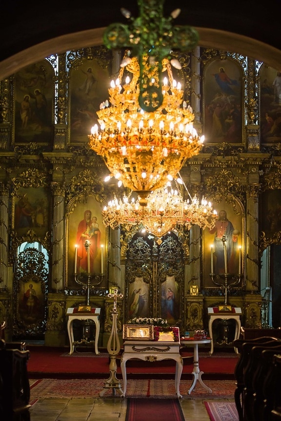 altar, orthodox, ukraine, church, icon, saint, chair, chandelier, religion, gold