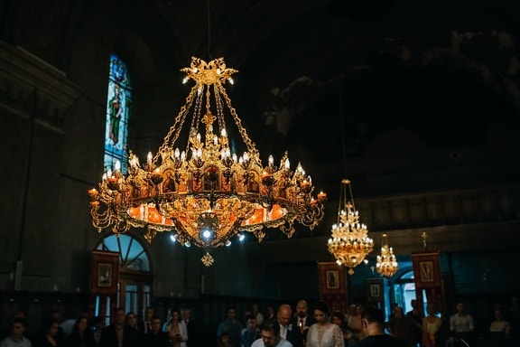 russian, church, orthodox, ceremony, wedding, crowd, people, religion, chandelier, architecture
