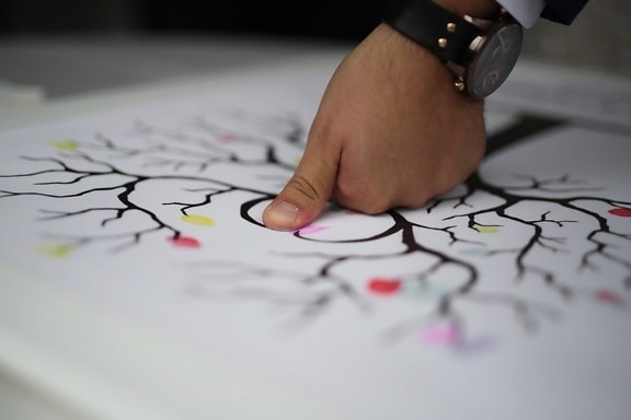 om, mână, deget, piele, creativitate, artistice, hârtie, planificare, în interior, blur