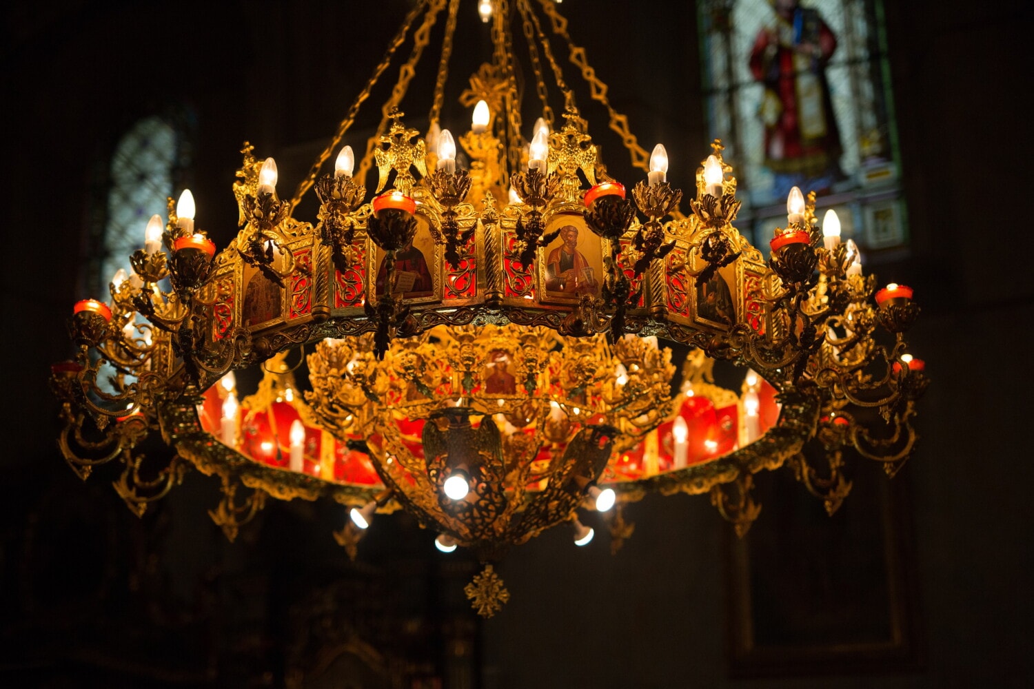 Free picture: church, chandelier, candles, candlelight, golden glow ...