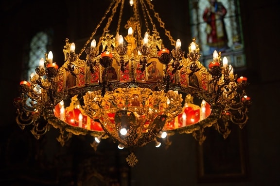 church, chandelier, candles, candlelight, golden glow, darkness, architecture, religion, culture, candle