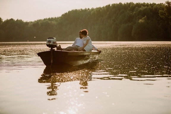 barco, romántica, novio, novia, cita de amor, Lago, agua, personas, Río, puesta de sol