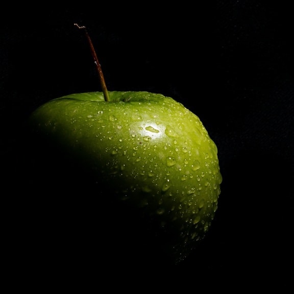 zelenkasto žuta, jabuka, fotografije, fotografski studio, izbliza, tama, rosa, vlaga, jabuke, hrana
