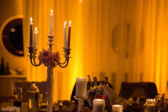 bougies, atmosphère, confortable, salle à manger, table à dîner, bougie, chandelier, aux chandelles, flamme, lumière