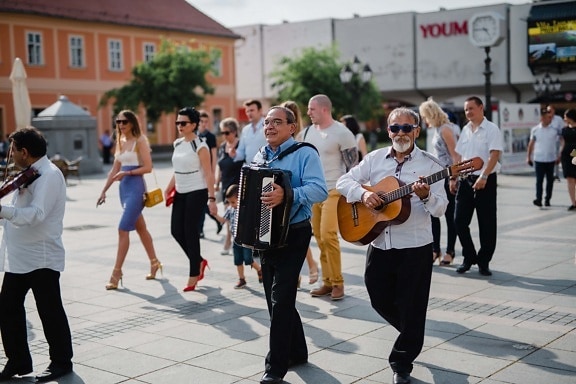 gade, festivaali, guitarist, harmonika, guitar, väkijoukko, person, musik, city, bånd