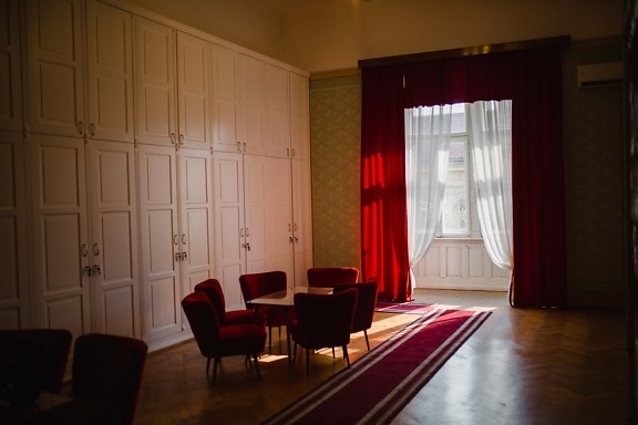 salon, room, red carpet, living room, parquet, empty, windows, curtain, comfortable, shadow