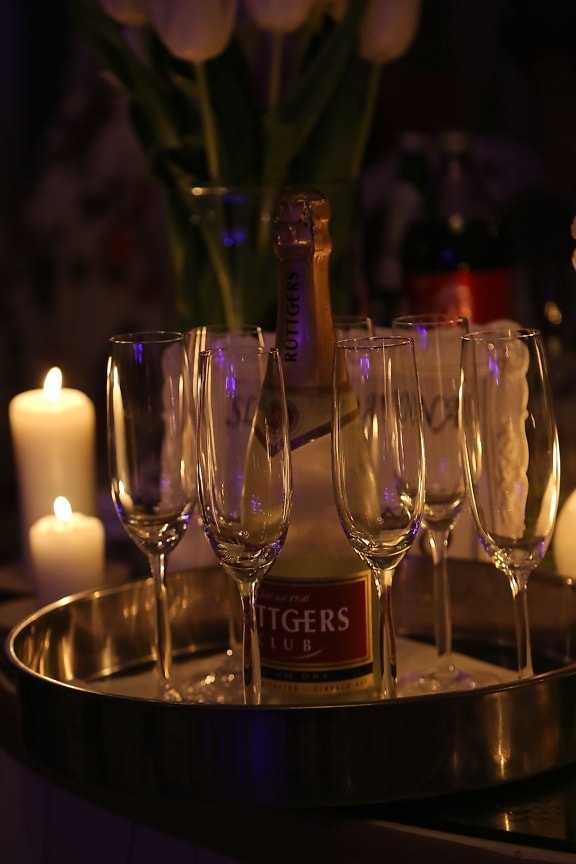 šampaňské, svátek, nový rok, krystal, světlo svíček, strana, svíčky, večer, ozdobný, elegantní