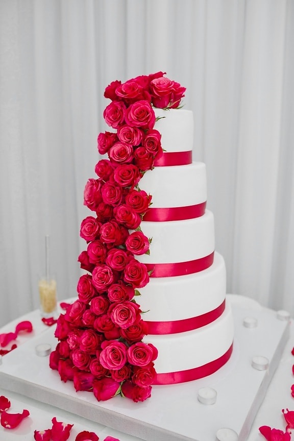 visok, svadbena torta, elegantan, ruža, crveno, dekoracija, vjenčanje, proslava, cvijet, ruža