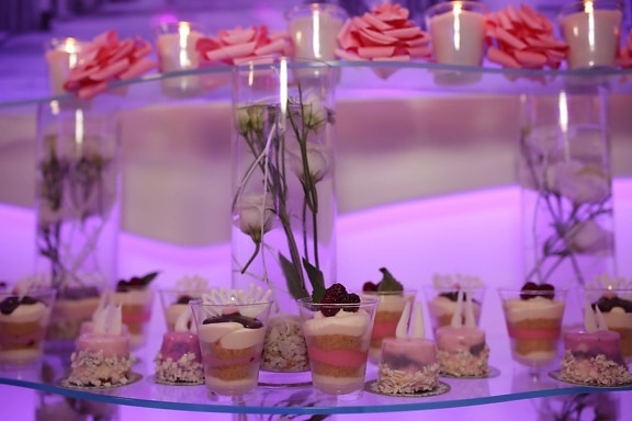 cream, dessert, decoration, romantic, candle, glass, indoors, interior design, reception, luxury