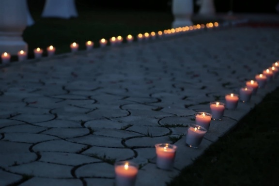 walkway, evening, candlelight, pavement, candles, flame, candle, celebration, light, dark