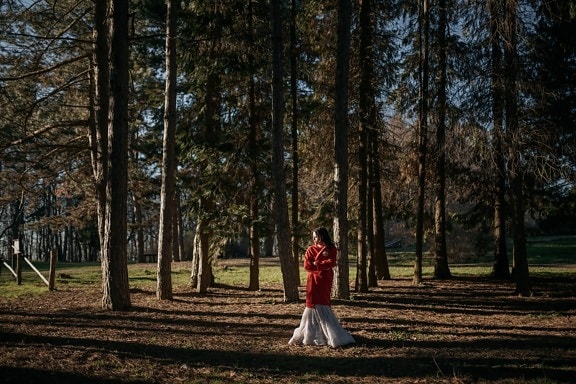 jacket, red, forest, alone, young woman, wood, nature, trees, girl, tree