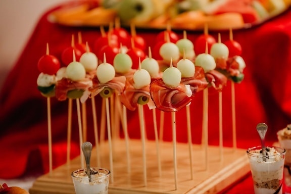 snack, sticks, appetizer, olive, ham, food, delicious, celebration, party, indoors