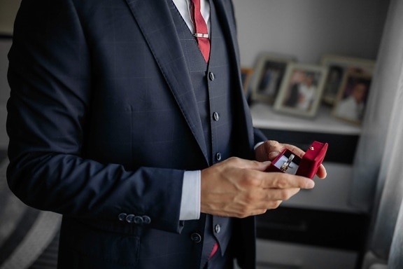 wedding ring, classic, outfit, gift, man, red, tuxedo suit, tie, businessman, suit