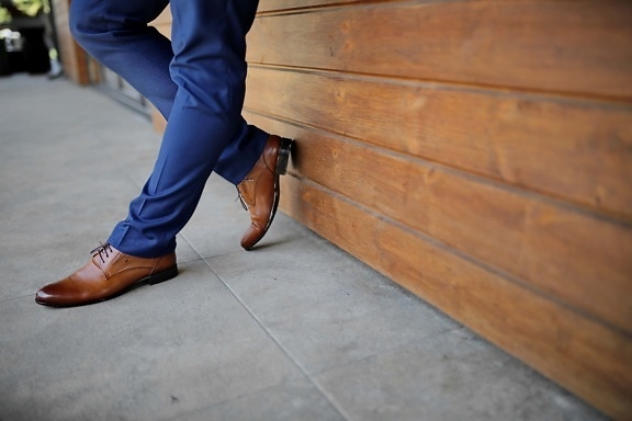 standing, man, light brown, leather, shoes, blue, pants, classic, outfit, wood