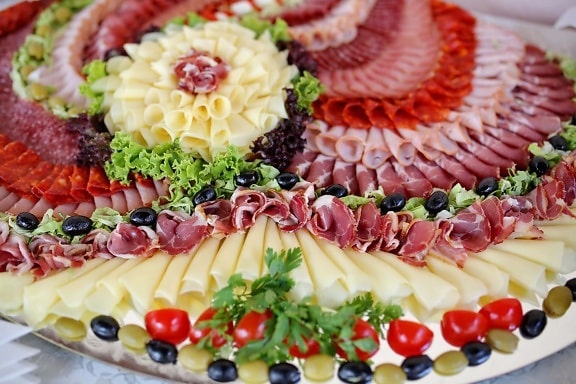 laitue, jambon, salami, olive, snack, fromage, apéritif, délicieux, salade, en bonne santé