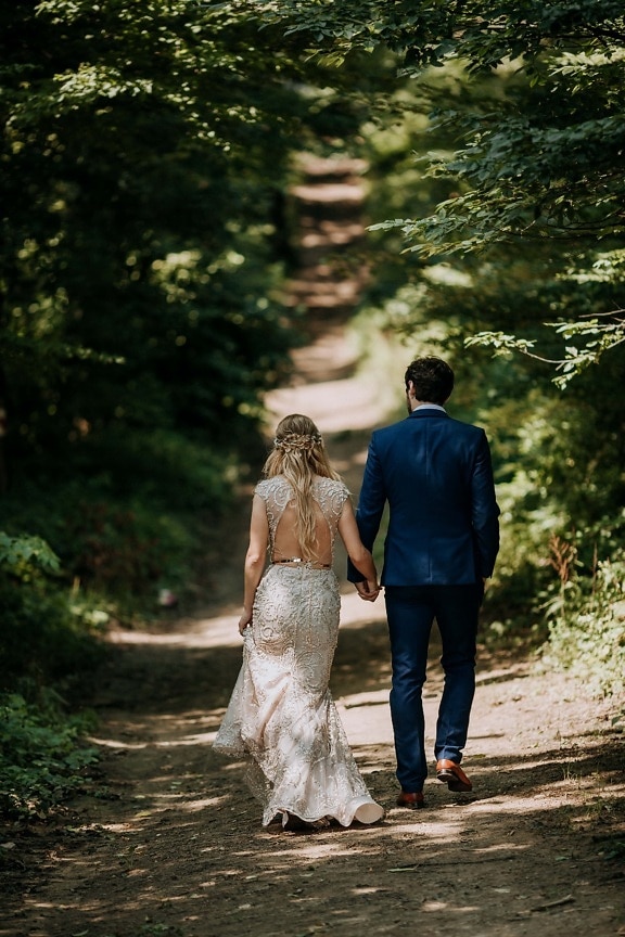 walking, wife, husband, forest road, hiking, couple, groom, wedding, bride, girl