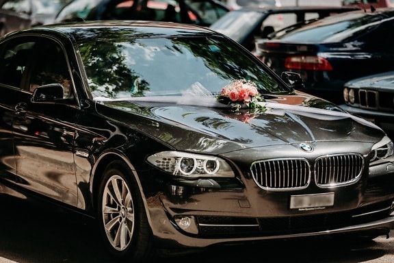 wedding car, BMW, black, sports car, luxury, sedan, parking lot, parking, automobile, automotive, classic